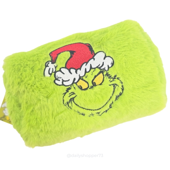The Grinch x Primark Faux Fur Lime Green Embroidered Lined Zippered Cosmetic Bag - Picture 1 of 6